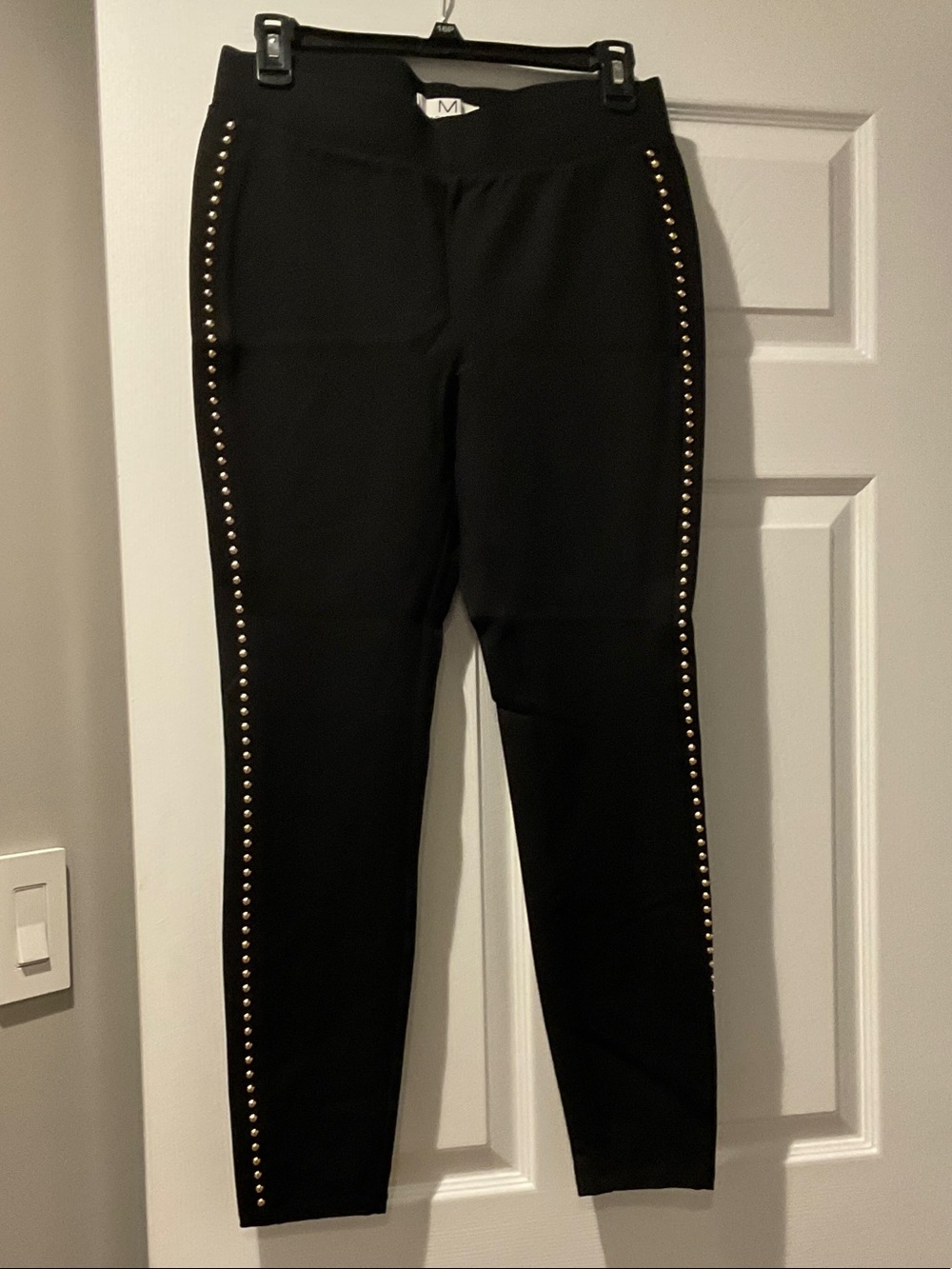 Magaschoni Black Ponte Leggings with Gold Stud Side Trim